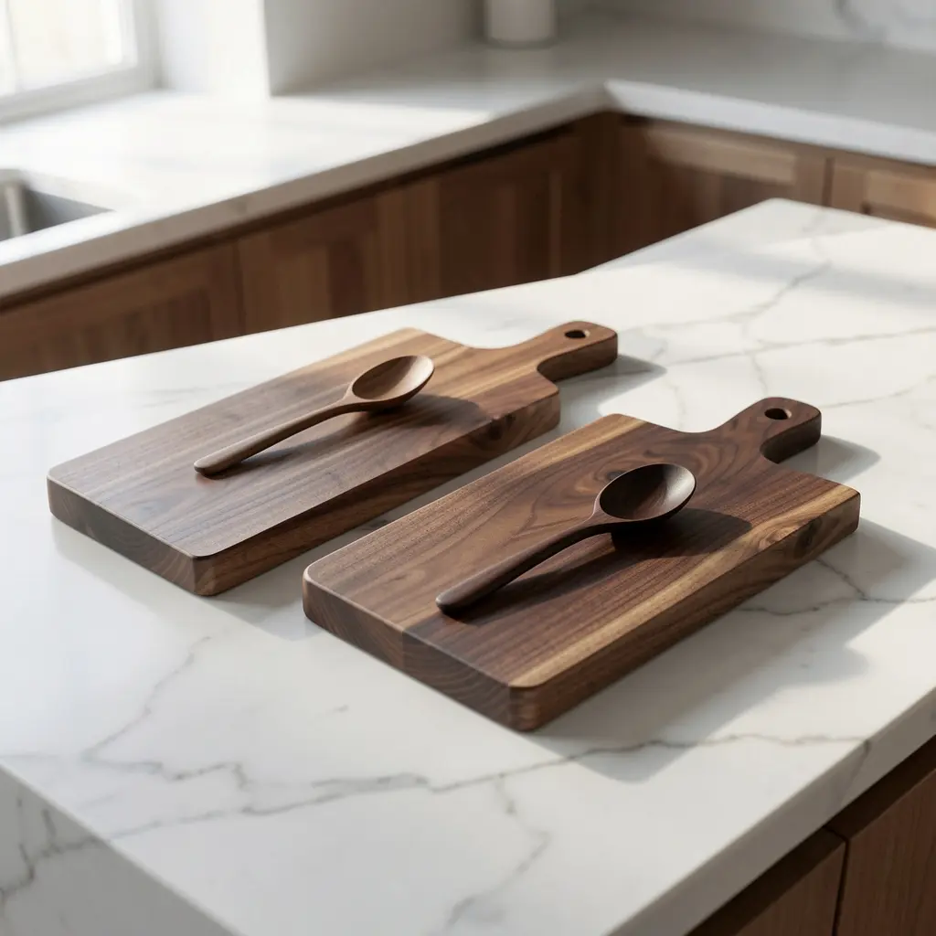 Hand-carved dark walnut wooden serving boards and minimalist spoon on marble kitchen island